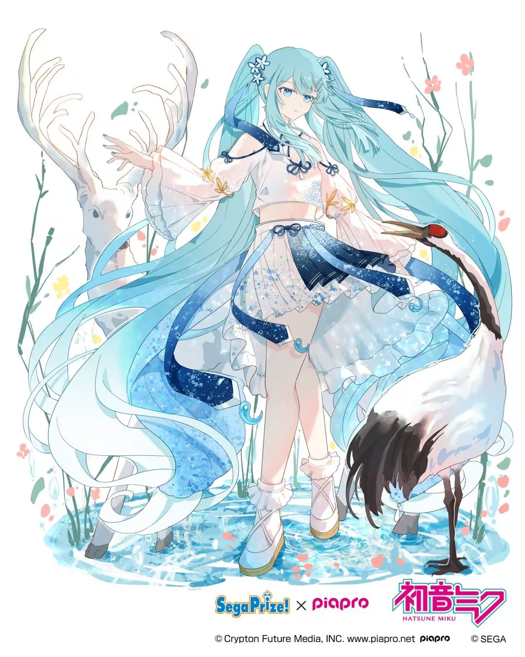 1girl absurdly_long_hair blue_eyes blue_hair blue_skirt clothing_cutout copyright crop_top deer floating_hair flower full_body hair_flower hair_ornament hatsune_miku highres legs_apart long_bangs long_hair long_sleeves midriff miniskirt piapro pleated_skirt pond ripples sega shirt shoes shoulder_cutout sidelocks simple_background skirt solo standing sunfish3939 tachi-e twintails two-tone_skirt very_long_hair vocaloid water white_background white_flower white_footwear white_shirt white_skirt