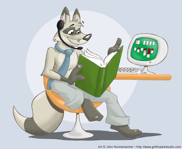 2006 anthro biped book bottomwear canid canine clothing computer cooner digital_media_(artwork) feet fender fender_(furaffinity) fox fur furaffinity headgear headphones headset headset_microphone hybrid male mammal mascot mustelid musteline necktie pants paws reading reading_book simple_background sitting tail true_musteline weasel