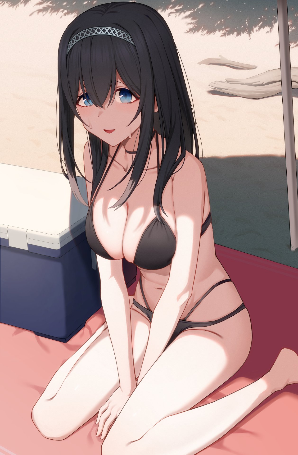 1girl bare_legs bare_shoulders beach between_legs bikini black_bikini black_choker black_hair blue_eyes breasts choker cleavage collarbone commentary_request cooler driftwood groin hair_between_eyes hairband hand_between_legs highres horitama0212 idolmaster idolmaster_cinderella_girls large_breasts long_hair looking_at_viewer navel open_mouth sagisawa_fumika sitting smile solo sweat swimsuit thighs wariza
