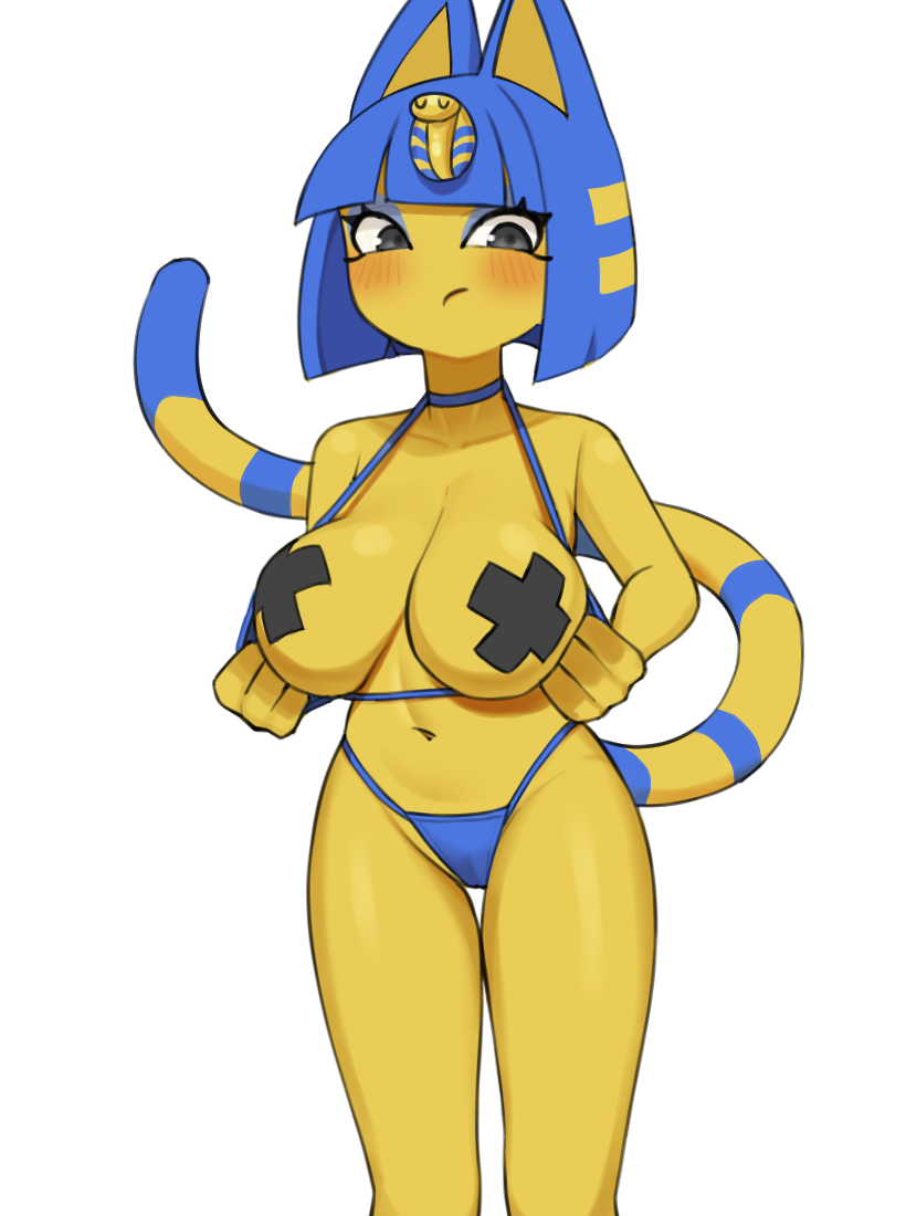 2023 animal_crossing ankha_(animal_crossing) anthro big_breasts bikini bikini_pull blue_hair blush bob_cut breasts camel_toe choker clothing clothing_pull collarbone domestic_cat eyeshadow felid feline felis female flashing flashing_breasts frown fur grey_eyes hair jewelry makeup mammal markings navel necklace nintendo pasties portrait rk9k short_hair simple_background solo striped_markings striped_tail stripes swimwear swimwear_pull tail tail_markings three-quarter_portrait white_background wide_hips yellow_body yellow_fur