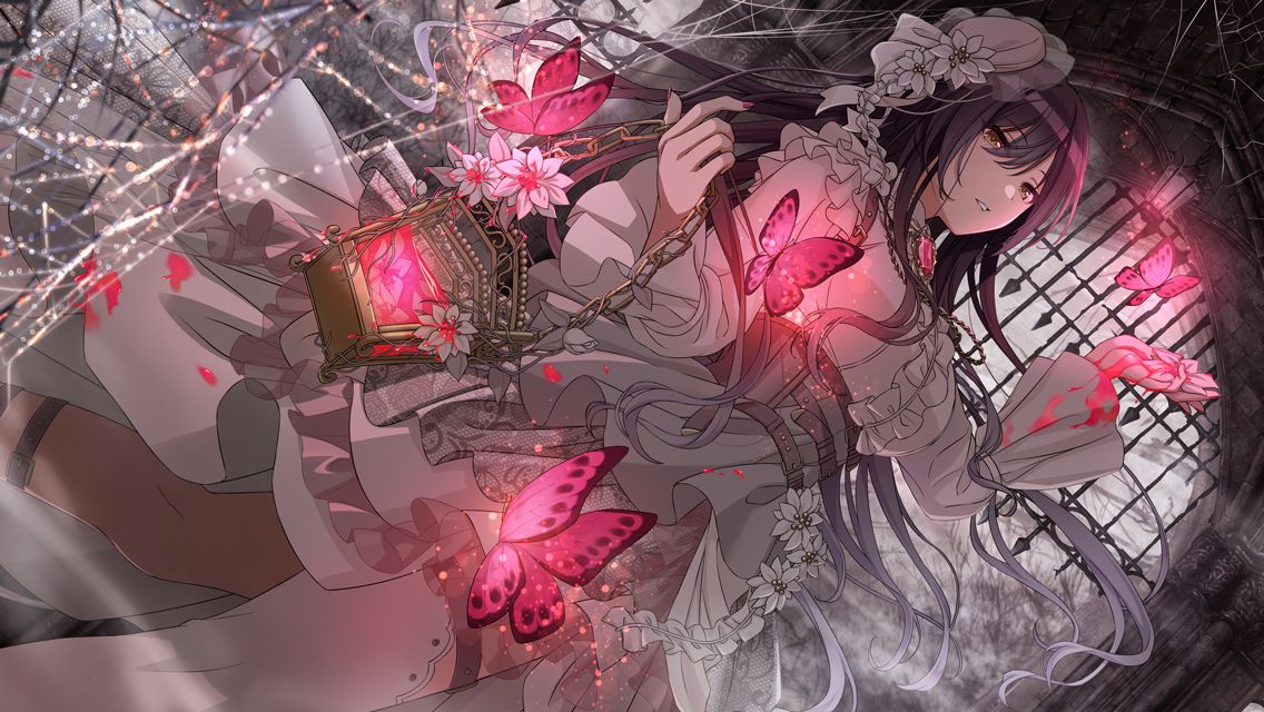 1girl asymmetrical_legwear belt black_hair bow breasts brooch bug butterfly chain commentary corset dress dutch_angle feet_out_of_frame flower fog frilled_dress frills game_cg glowing_butterfly gradient_hair hair_between_eyes hair_bow hair_flower hair_ornament hat idolmaster idolmaster_shiny_colors jewelry lantern large_breasts light_particles long_dress long_hair long_sleeves looking_at_viewer multicolored_hair official_art parted_lips pink_nails shirase_sakuya silk solo spider_web stone_wall suspenders thigh_strap thighhighs underbust very_long_hair wall white_dress white_flower white_hair white_thighhighs yellow_eyes