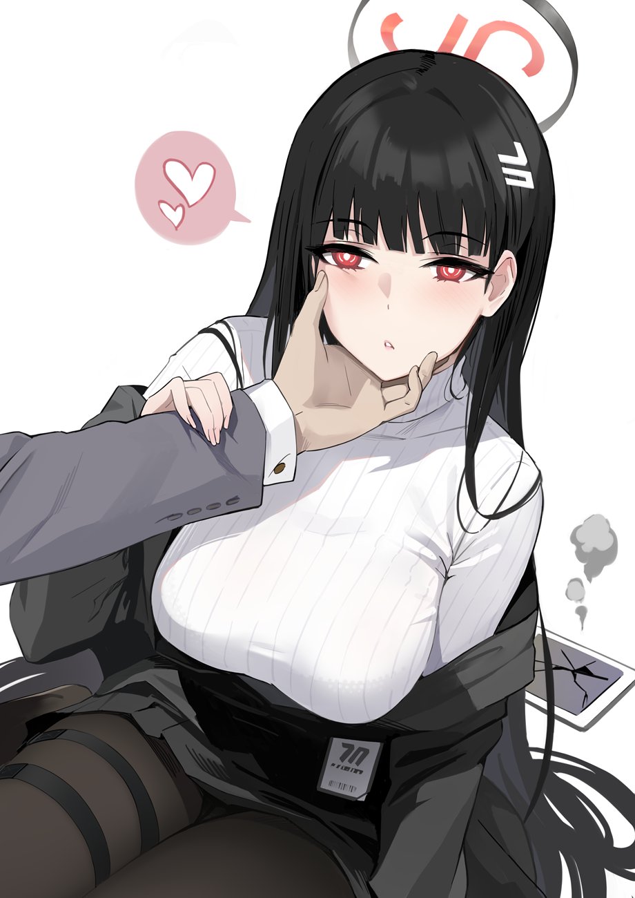 1boy 1girl black_hair black_jacket black_pantyhose blue_archive blush breasts bright_pupils face_grab hair_ornament hairclip halo heart highres id_card jacket large_breasts long_hair natsume_yochiki off_shoulder pantyhose red_eyes ribbed_sweater rio_(blue_archive) solo_focus spoken_heart sweater tablet_pc turtleneck turtleneck_sweater very_long_hair white_pupils white_sweater