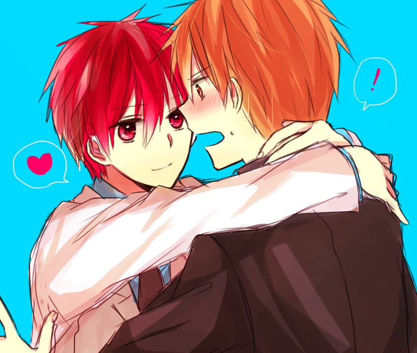 ! 2boys akashi_seijuurou aqua_background bad_id bad_pixiv_id blue_shirt blush brown_jacket brown_necktie closed_mouth collared_shirt commentary_request furihata_kouki hair_between_eyes hands_on_another's_back heart hug jacket kuroko_no_basuke lapels long_bangs long_sleeves looking_at_another looking_to_the_side male_focus multiple_boys necktie open_mouth orange_eyes orange_hair red_eyes red_hair shirt short_hair simple_background sketch smile spoken_exclamation_mark spoken_heart suit_jacket upper_body white_jacket yuuki_sawano