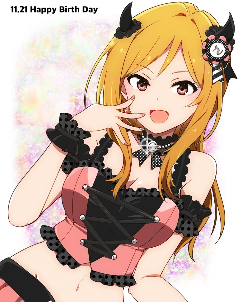 1girl arm_guards black_choker blonde_hair blush breasts choker cleavage cropped_jacket demon_horns dot_nose fake_horns hair_ornament hand_to_own_mouth happy_birthday horns idolmaster idolmaster_million_live! idolmaster_million_live!_theater_days jacket kidachi long_hair looking_at_viewer midriff momose_rio multicolored_background navel open_mouth orange_nails pendant_choker pink_jacket pink_skirt scrunchie skirt smile solo