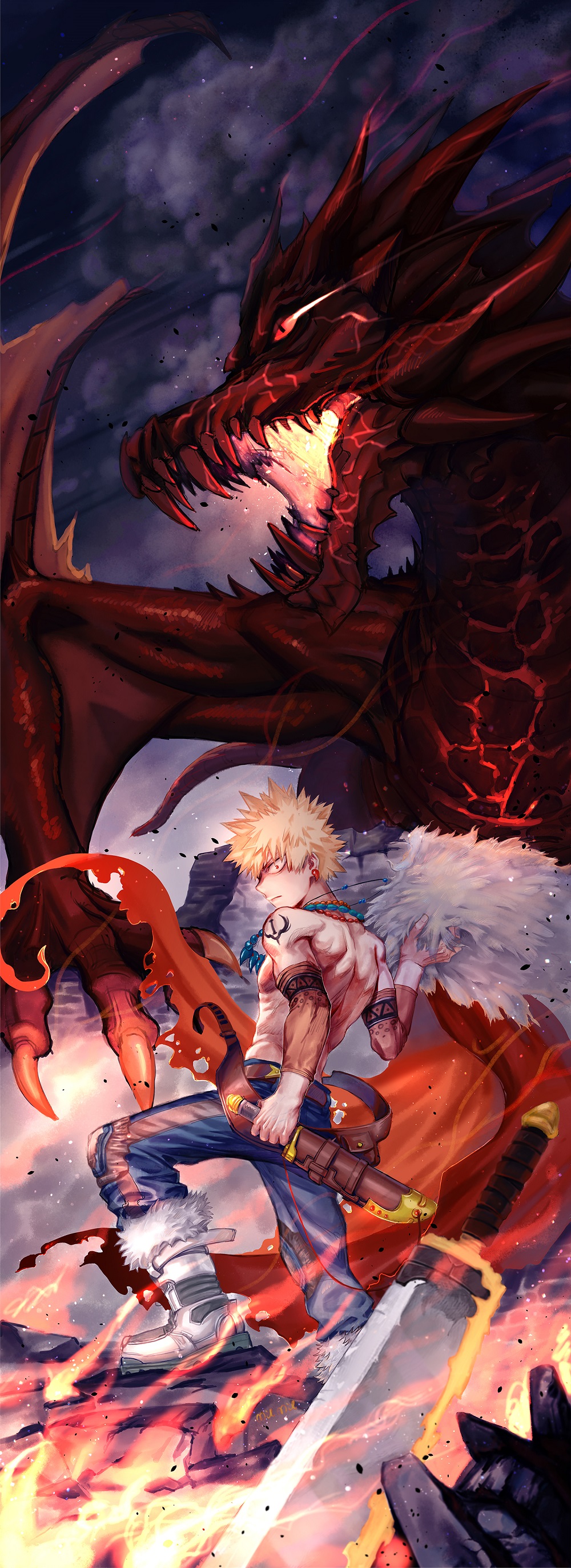 1boy 2nd_popularity_poll_(boku_no_hero_academia) absurdres alternate_universe bakugou_katsuki belt birthday blonde_hair blue_pants blurry boku_no_hero_academia boots brown_belt cape claws closed_mouth clothing_request commentary dragon dust_cloud eye_trail fanny_pack fantasy fire floating_cape from_behind full_body fur-trimmed_boots fur-trimmed_cape fur_trim glowing_veins greatsword grey_footwear hand_on_hilt hand_up highres holding holding_cape holding_clothes knee_pads light_trail looking_at_viewer looking_back male_focus milmil_(wa_ten'nendesu) no_shirt official_alternate_costume outdoors pants planted planted_sword red_cape red_eyes rock sanpaku sheath sheathed short_hair short_sword sideways_mouth smoke solo spiked_hair standing stepping sword tooth_earrings torn_cape torn_clothes triangle_print weapon western_dragon wide-eyed