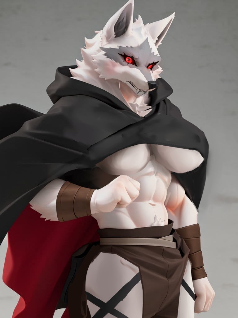 abs anthro big_breasts bottomwear breasts canid canine canis clothing crossgender death_(puss_in_boots) dreamworks fangs female fur hooded_cloak loincloth mammal mangakitsune2 midriff mtf_crossgender muscular muscular_anthro muscular_female puss_in_boots_the_last_wish red_eyes solo teeth under_boob white_body white_fur wolf