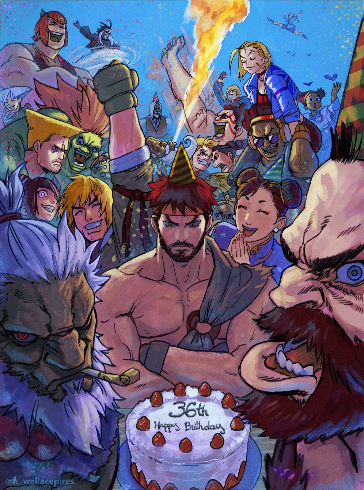 6+boys 6+girls a.k.i._(street_fighter) ahoge akuma_(street_fighter) anniversary antenna_hair arm_around_shoulder arm_up beads beard bird birthday_cake black_choker black_hair black_pants blanka blanka-chan blonde_hair blue_background blue_bodysuit blue_eyes blue_jacket blue_shirt bodysuit bow_hairband braid breathing_fire brown_eyes brown_hair brown_jacket cake cammy_white carrying chain chain_necklace character_doll chest_hair chinese_clothes choker chun-li claw_(weapon) clenched_hand closed_eyes collar_grab collared_shirt colored_skin cone_hair_bun confetti dark-skinned_female dark-skinned_male dark_skin dee_jay derivative_work dhalsim double_bun dougi earrings ed_(street_fighter) edmond_honda everyone facepaint facial_hair fingerless_gloves fire flattop food fringe_trim gloves gold_chain gold_trim green_skin guile hair_bun hair_over_one_eye hairband han_juri happy_birthday hat headband headphones high_braid highres huge_ahoge jacket jamie_siu jewelry jp_(street_fighter) ken_masters kimberly_jackson laughing lily_hawk long_beard looking_at_viewer luke_sullivan manon_legrand marisa_(street_fighter) martial_arts_belt mohawk multiple_boys multiple_girls muscular muscular_female muscular_male nail_polish necklace necktie open_mouth orange_hair own_hands_together pants party_hat party_horn pectorals pink_hair prayer_beads purple_eyes rashid_(street_fighter) red_eyes red_gloves red_hair red_headband red_shirt rivalry ryu_(street_fighter) scar scar_across_eye scar_on_face shaded_face shirt short_hair short_hair_with_long_locks shoulder_carry shouting sleeves_rolled_up smile street_fighter street_fighter_6 stud_earrings sunglasses tassel tassel_earrings thick_eyebrows topknot topless_male twitter_username vest wallace_pires weapon white_hair yellow_jacket zangief