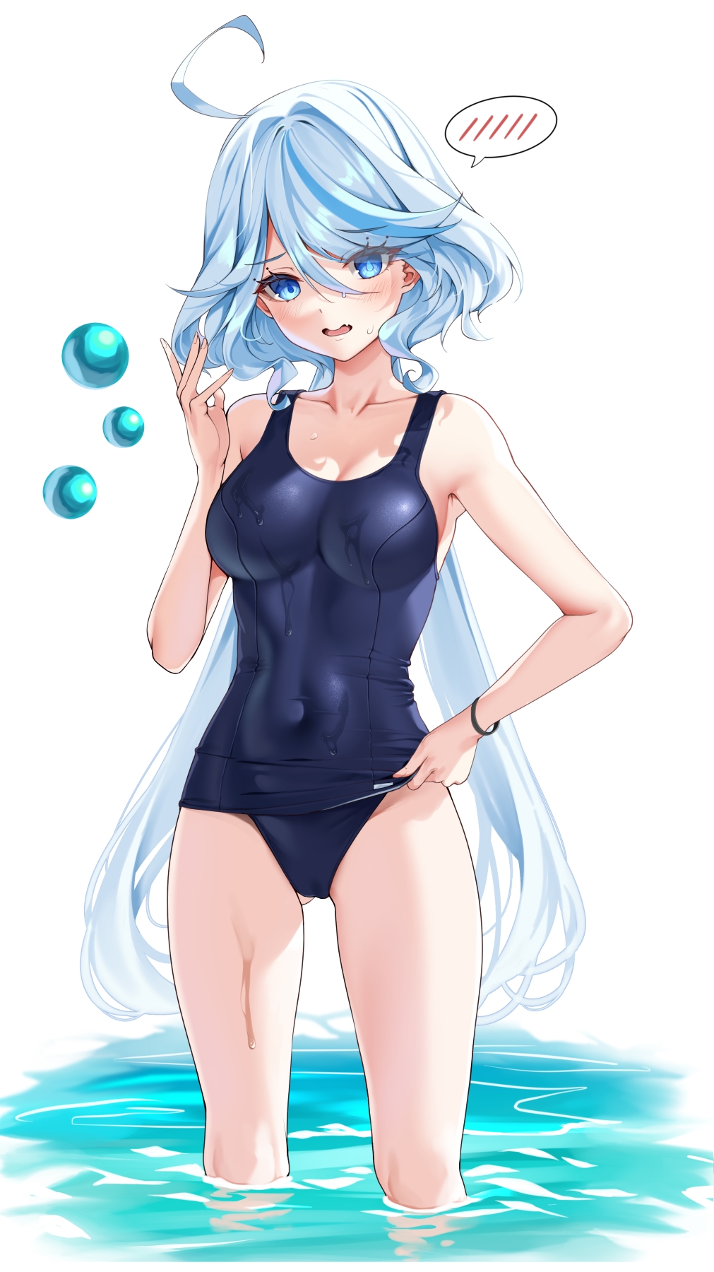 1girl ahoge armpits ass_visible_through_thighs bare_arms bare_shoulders blue_eyes blue_hair blue_one-piece_swimsuit blush breasts collarbone covered_navel cowlick drop-shaped_pupils furina_(genshin_impact) genshin_impact hair_between_eyes heterochromia highres holding holding_clothes light_blue_hair long_hair looking_at_viewer matrix16 medium_breasts multicolored_hair old_school_swimsuit one-piece_swimsuit open_mouth ponytail school_swimsuit school_swimsuit_flap simple_background solo standing swimsuit wet wet_clothes wet_swimsuit white_background white_hair
