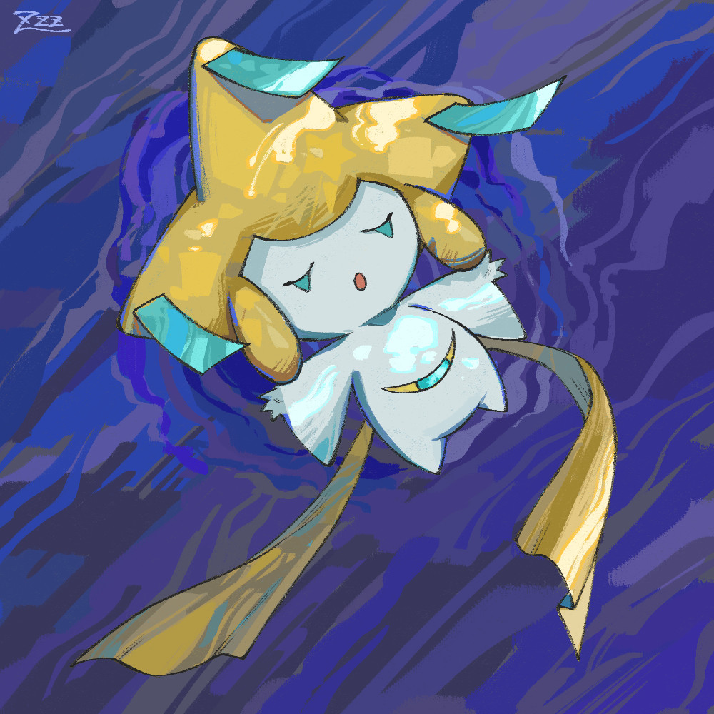 :o afloat closed_eyes commentary_request from_above full_body jirachi no_humans open_mouth outstretched_arms oyasuminjyutsu pokemon pokemon_(creature) ripples signature solo water