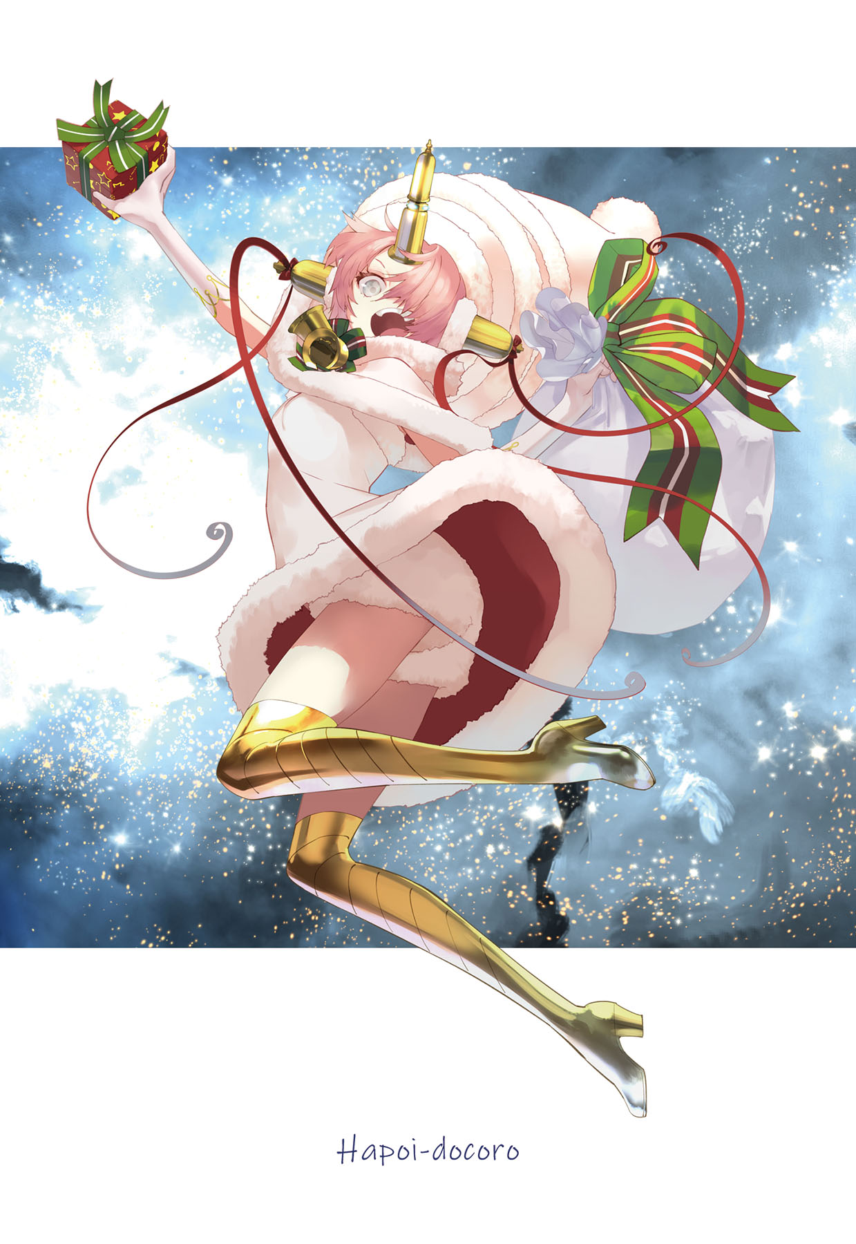 1girl artist_name bell boots breasts christmas christmas_present dress fate/grand_order fate/grand_order_arcade fate_(series) frankenstein's_monster_(christmas)_(fate) frankenstein's_monster_(fate) full_body gift green_ribbon grey_eyes hair_over_one_eye highres holding holding_gift holding_sack horns large_hat mechanical_horns okazaki_takeshi open_mouth outside_border red_ribbon ribbon sack shorts shorts_under_dress single_horn sky smile solo star_(sky) starry_sky thigh_boots upskirt white_dress white_headwear white_shorts yellow_footwear