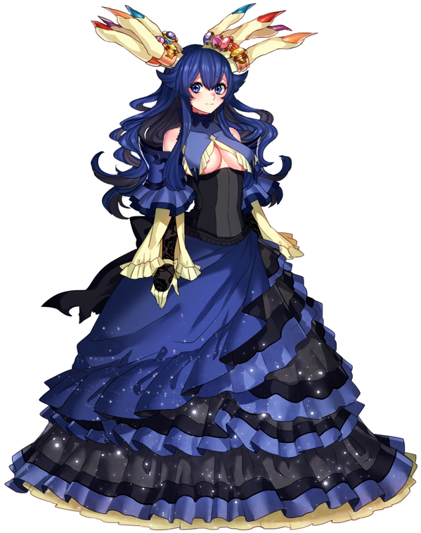 1girl bare_shoulders black_corset black_dress black_hair blue_dress blue_eyes blue_hair breasts closed_mouth corset covered_collarbone dress gloves katagiri_hachigou medium_breasts multicolored_clothes multicolored_dress multicolored_hair personification pokemon simple_background solo standing two-tone_hair underboob white_background xerneas yellow_gloves