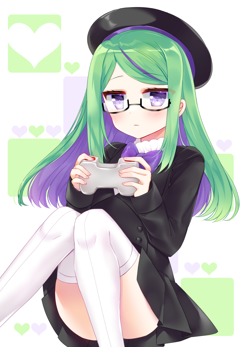 1girl beret black-framed_eyewear black_headwear black_jacket black_skirt bow bowtie closed_mouth commission controller convenient_leg feet_out_of_frame game_controller glasses green_hair hat heart highres holding holding_controller jacket knees_together_feet_apart knees_up long_hair looking_at_viewer multicolored_hair original pleated_skirt purple_bow purple_bowtie purple_eyes purple_hair semi-rimless_eyewear shikito shirt skeb_commission skirt solo swept_bangs thighhighs two-tone_hair under-rim_eyewear white_background white_shirt white_thighhighs