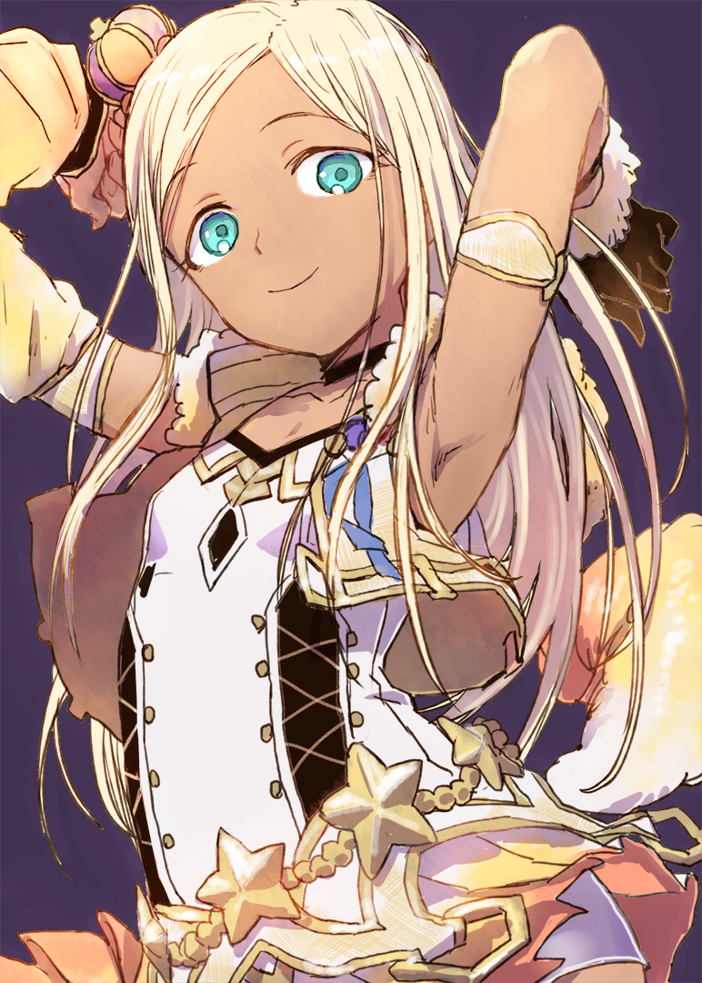 1girl aqua_eyes armlet armpits arms_up bare_shoulders black_choker black_gloves blonde_hair breasts choker cleavage closed_mouth collarbone cowboy_shot cropped_jacket crown dark-skinned_female dark_skin detached_sleeves dress fur-trimmed_jacket fur_trim gloves idolmaster idolmaster_cinderella_girls idolmaster_cinderella_girls_starlight_stage jacket layla_(idolmaster) long_hair looking_at_viewer mini_crown nametake open_clothes open_jacket single_detached_sleeve single_glove sleeveless sleeveless_dress sleeveless_jacket small_breasts smile solo standing star_ornament upper_body white_dress yellow_jacket yellow_sleeves
