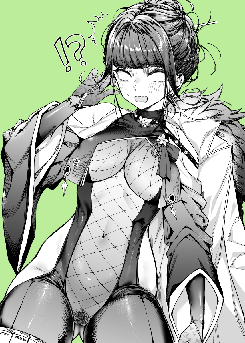1girl ass_visible_through_thighs black_hair black_panties black_unitard blunt_bangs blush bodystocking breast_curtains breasts closed_mouth clothing_cutout coat coat_on_shoulders covered_navel goddess_of_victory:_nikke hair_intakes hair_ornament hairpin highres hip_vent holster long_sleeves looking_at_viewer medium_breasts mushi024 no_panties no_pupils official_alternate_costume panties pubic_hair sakura_(midnight_stealth)_(nikke) sakura_(nikke) see-through shoulder_cutout standing surprised thigh_holster turtleneck underwear