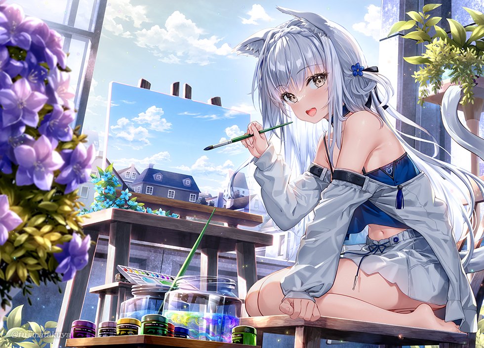 1girl :d animal_ears bare_legs bare_shoulders barefoot blue_skirt commentary_request detached_sleeves flower from_side fujima_takuya long_sleeves looking_at_viewer looking_to_the_side miniskirt original paint painting_(action) painting_(object) purple_flower sitting skirt smile solo wariza white_hair