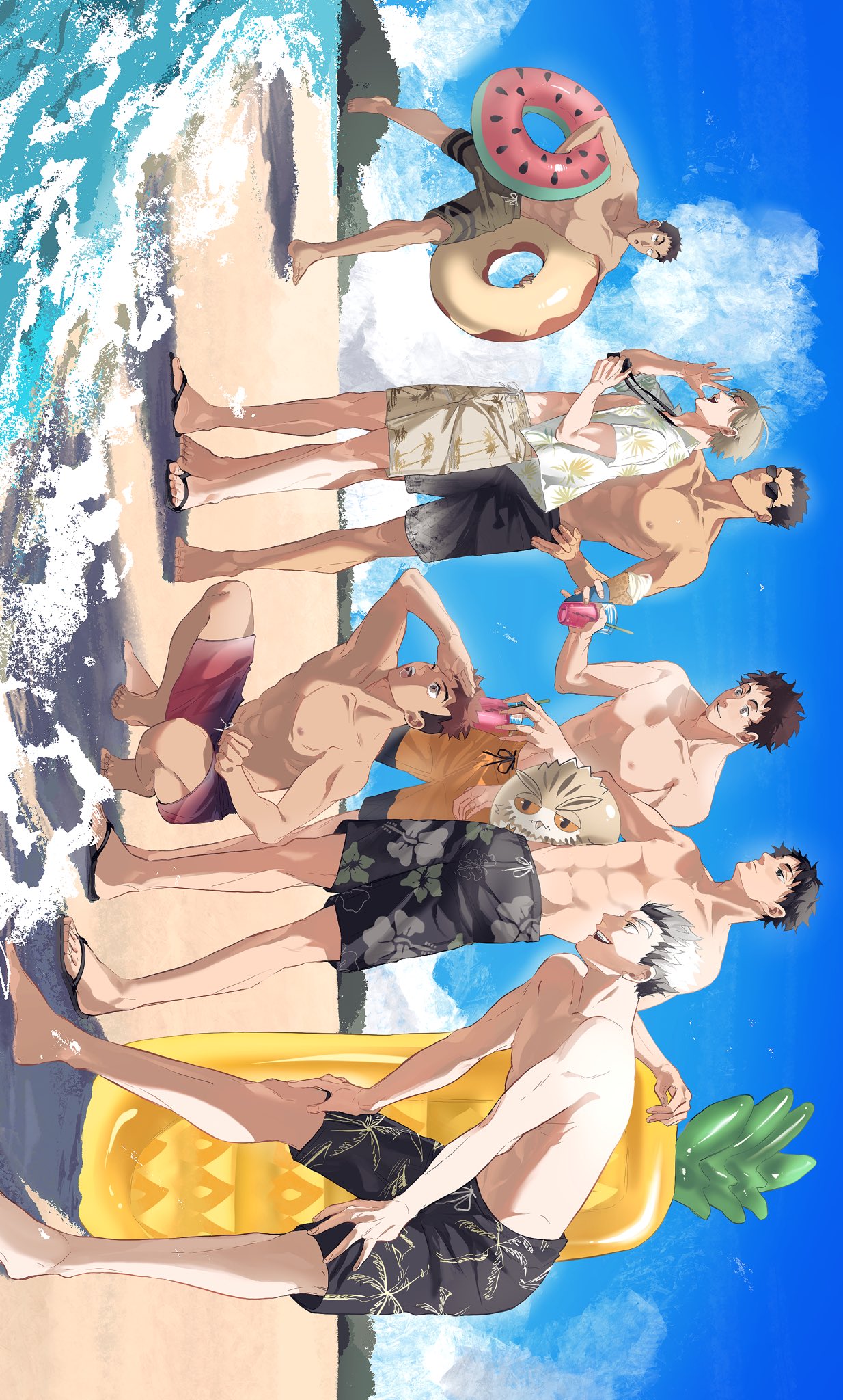 6+boys :o air_mattress barefoot beach bird black_hair black_shorts blonde_hair blue_sky brown_hair calling character_request closed_mouth cloud cloudy_sky cocktail cup day floral_print food fruit grey_hair haikyuu!! hand_on_own_hip hands_on_own_knees highres holding holding_cup holding_food holding_ice_cream holding_innertube ice_cream innertube male_focus multiple_boys muscular muscular_male ocean open_mouth orange_shorts outdoors owl pineapple red_shorts sandals shirt short_hair shorts sky smile squatting sunglasses teeth topless_male wansan_hq watermelon_innertube white_shirt white_shorts