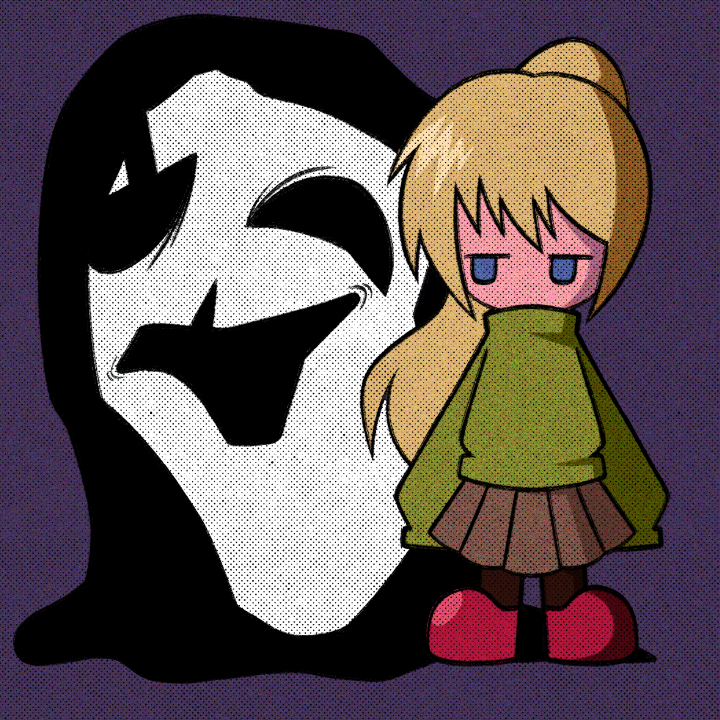 1girl blonde_hair blue_eyes brown_socks chibi cryptidhermit full_body green_sweater grey_skirt long_hair long_sleeves no_mouth no_nose poniko purple_background red_footwear simple_background skirt sleeves_past_fingers sleeves_past_wrists socks sweater uboa yume_nikki