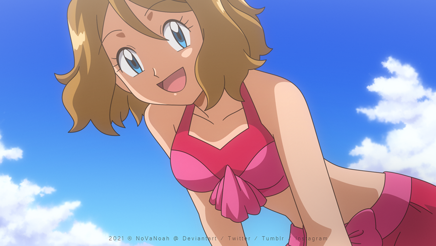 1girl :d bent_over bikini blonde_hair blue_eyes cloud collarbone day eyelashes from_below happy looking_at_viewer mixed-language_commentary noelia_ponce open_mouth outdoors pink_bikini pokemon pokemon_(anime) pokemon_xy_(anime) serena_(pokemon) short_hair sky smile solo swimsuit tongue watermark