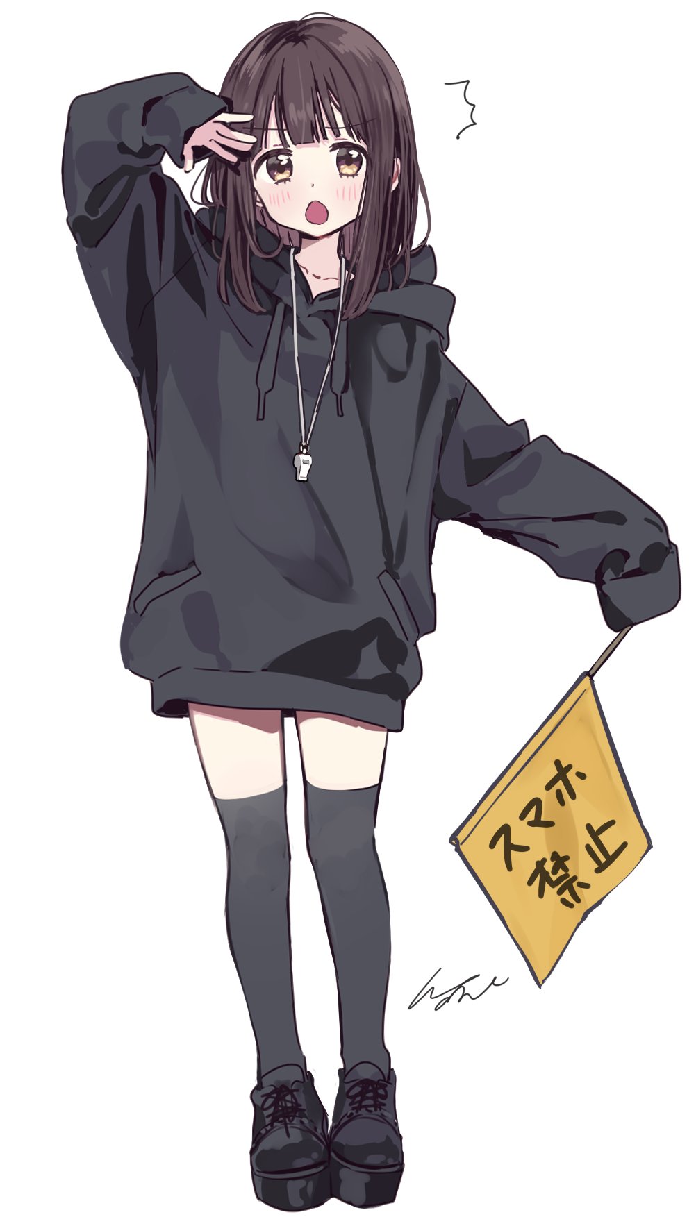 1girl :o arm_up black_footwear black_hair black_hoodie black_thighhighs blunt_bangs collarbone flag full_body highres holding holding_flag hood hood_down hoodie looking_to_the_side medium_hair nanase_kurumi_(menhera-chan) open_mouth original oversized_clothes pomu signature simple_background sleeves_past_fingers sleeves_past_wrists standing thighhighs v-shaped_eyebrows white_background yellow_eyes