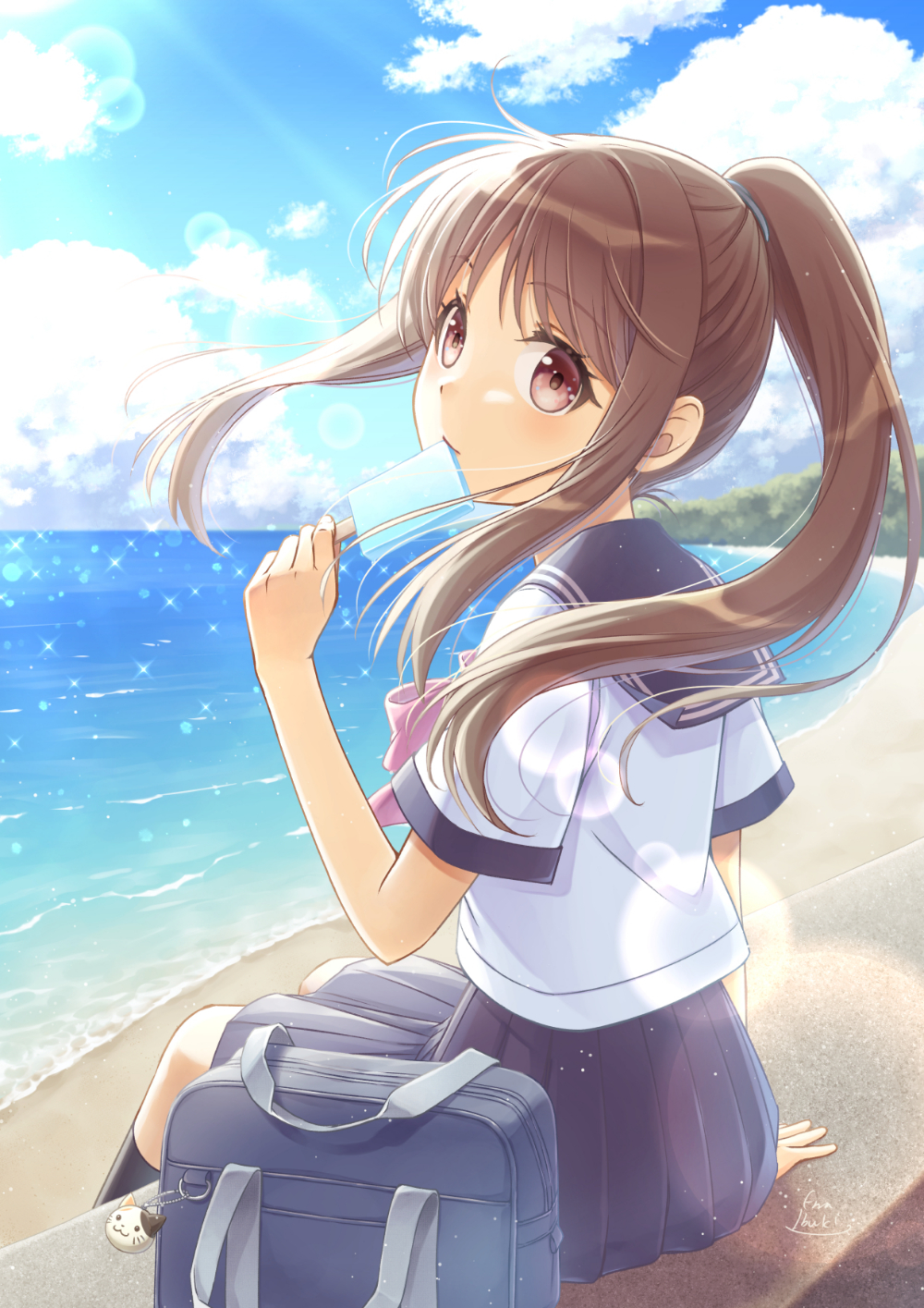 1girl bag bag_charm beach bow bowtie brown_eyes brown_hair charm_(object) day eating food hair_tie highres holding holding_food holding_popsicle ibuki_ena long_hair looking_at_viewer looking_back ocean original outdoors pleated_skirt ponytail popsicle school_bag school_uniform serafuku short_sleeves sitting skirt sky smile socks solo sparkle sunlight water