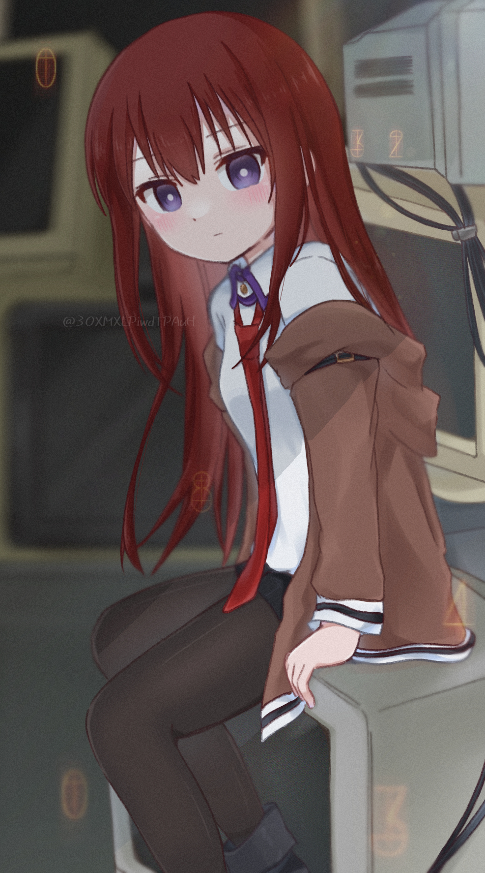 1girl artist_name black_footwear black_pantyhose black_shorts blurry blurry_background blush brown_jacket closed_mouth depth_of_field feet_out_of_frame highres indoors jacket kanzaki_nyo long_hair long_sleeves looking_at_viewer makise_kurisu monitor necktie off_shoulder open_clothes open_jacket pantyhose pantyhose_under_shorts purple_eyes red_hair red_necktie shirt shorts sitting solo steins;gate twitter_username white_shirt