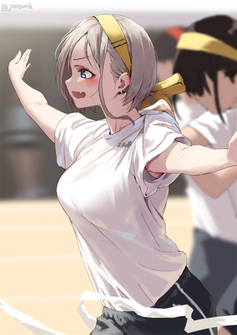 3girls blue_eyes blurry blurry_background breasts commentary_request fang grey_hair hairband jonsun medium_breasts multiple_girls open_mouth original outstretched_arms riku_(jonsun) running shirt short_hair short_sleeves sidelocks skin_fang solo_focus twitter_username white_shirt yellow_hairband