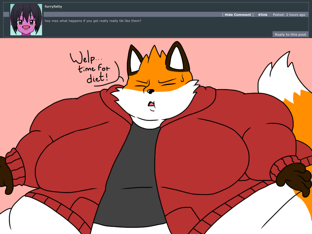 2018 4:3 5_fingers anthro ask_blog batspid2 belly big_belly big_moobs black_eyebrows black_nose bodily_fluids brown_body brown_fur canid canine clothing dialogue digital_drawing_(artwork) digital_media_(artwork) double_chin ear_markings english_text exclamation eyebrows eyes_closed facial_markings facial_tuft female fingers flat_colors fox frown fur glistening glistening_nose gloves_(marking) grey_clothing grey_topwear head_markings hoodie hyper hyper_belly male mammal markings max_(batspid2) midriff moobs morbidly_obese morbidly_obese_anthro morbidly_obese_female multicolored_body multicolored_fur obese obese_anthro obese_female open_mouth orange_body orange_fur overweight overweight_anthro overweight_female pink_background red_clothing red_topwear shirt simple_background solo sweat sweatdrop sweatshirt tail tail_markings tail_tuft text topwear tuft weight_gain white_body white_fur