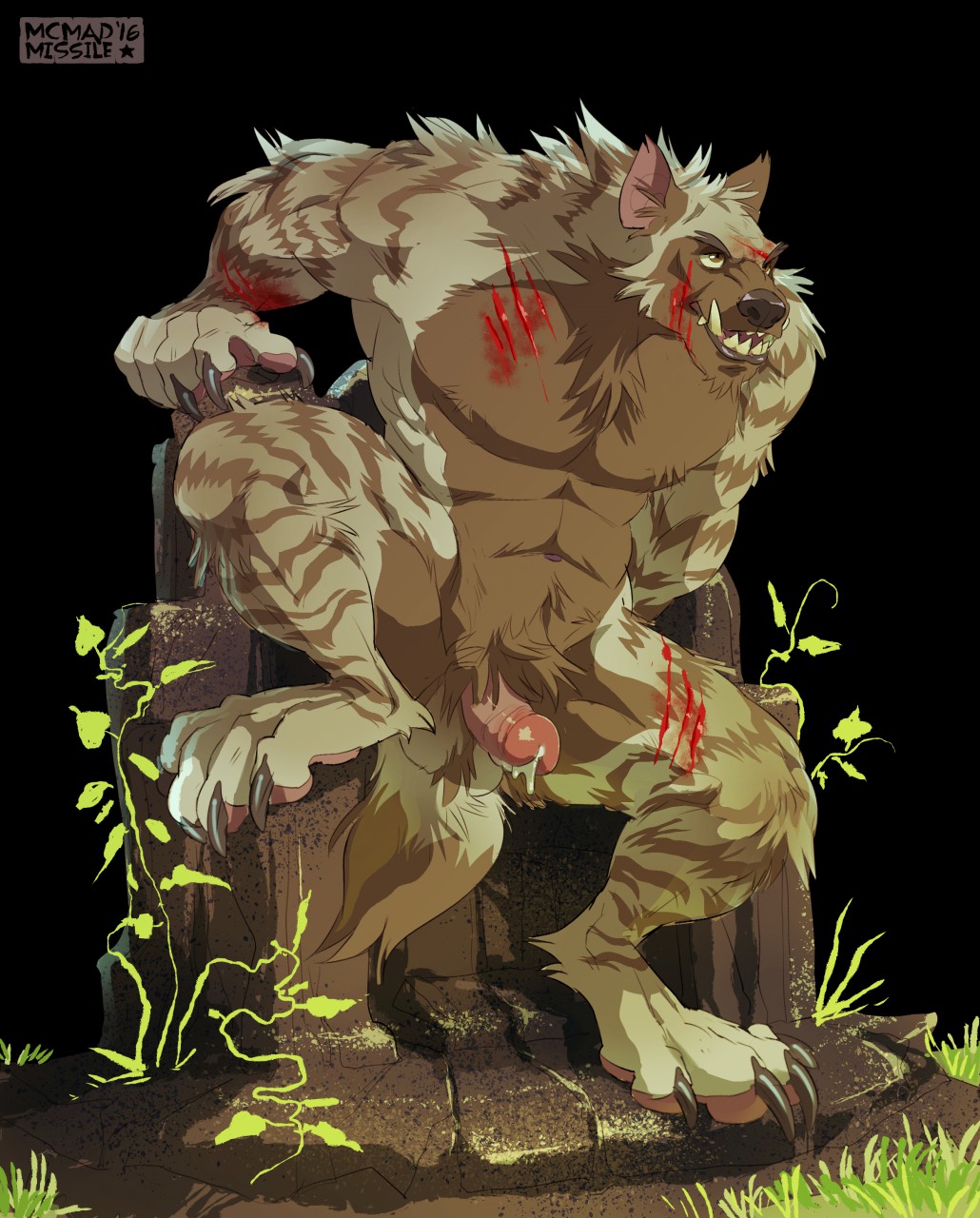 4_toes 5_fingers anthro balls black_background blood bodily_fluids brown_body brown_fur chest_tuft claws dripping erection feet fingers fur genital_fluids genitals gnoll hi_res humanoid_genitalia humanoid_penis hyena inner_ear_fluff male mammal mcmadmissile muscular muscular_anthro muscular_male navel nude outside pawpads penis plant precum precum_drip scratches signature simple_background solo standing stripes tail teeth toes tuft