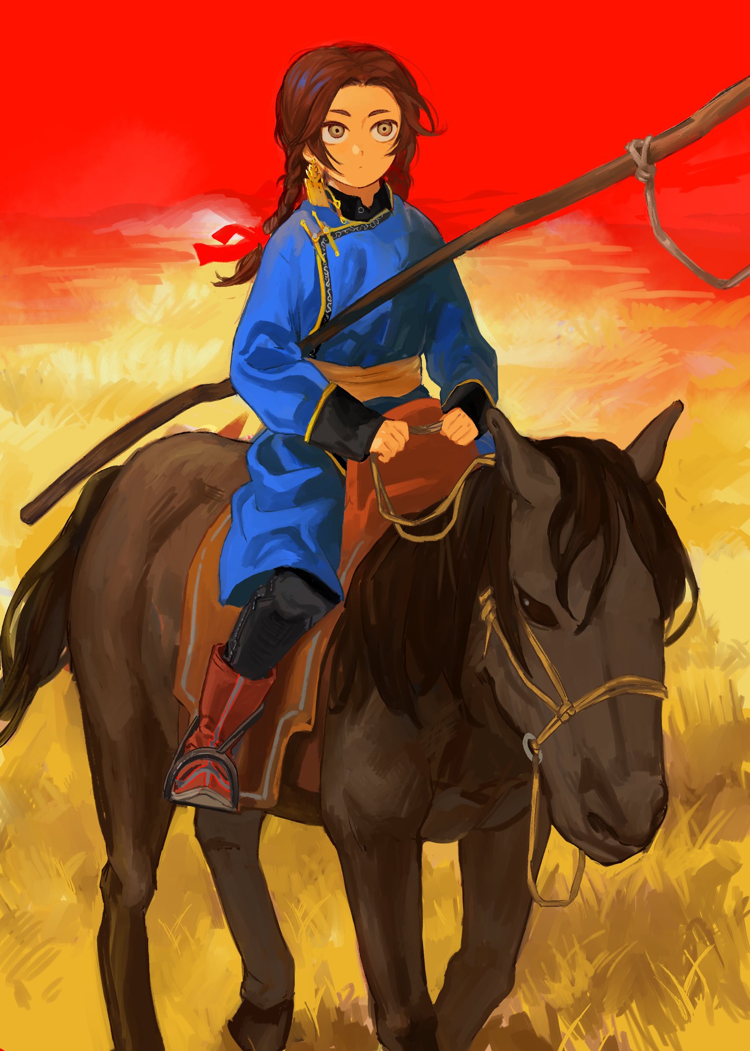 blue_tunic earrings grass highres holding holding_reins holding_stick horseback_riding jewelry mongolian_clothes nanimonothing original ponytail red_ribbon red_sky reins ribbon riding saddle sky stick tassel tassel_earrings traditional_clothes tucked_beneath_arm tunic