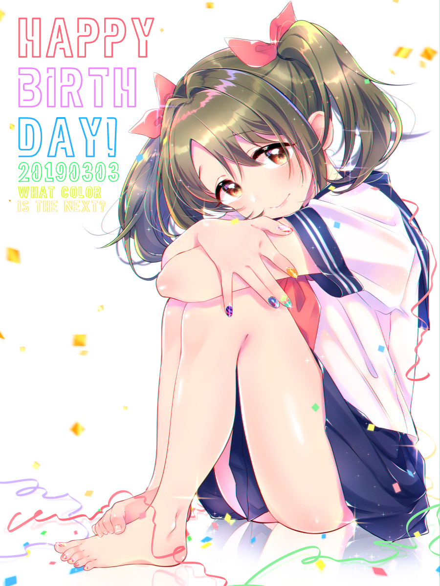 1girl ass bare_legs barefoot blue_skirt blush breasts confetti dated fate_(series) feet fingernails hair_intakes happy_birthday head_tilt highres idolmaster idolmaster_cinderella_girls imai_kana jamu knees_up looking_at_viewer school_uniform shirt sitting skirt smile solo thighhighs thighs twintails white_shirt