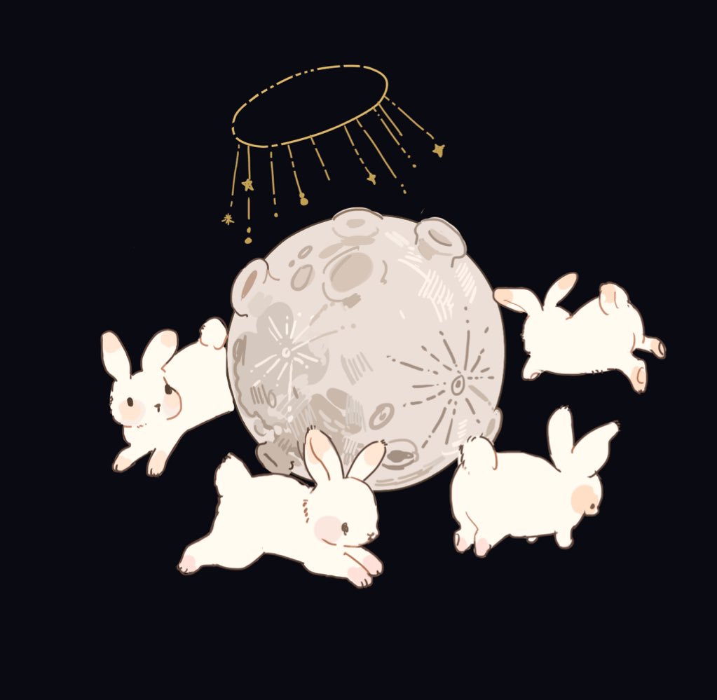 animal_ears animal_focus black_background black_eyes blush_stickers crater halo moon no_humans original putong_xiao_gou rabbit rabbit_ears rabbit_tail simple_background solid_circle_eyes star_(symbol) tail white_rabbit_(animal)