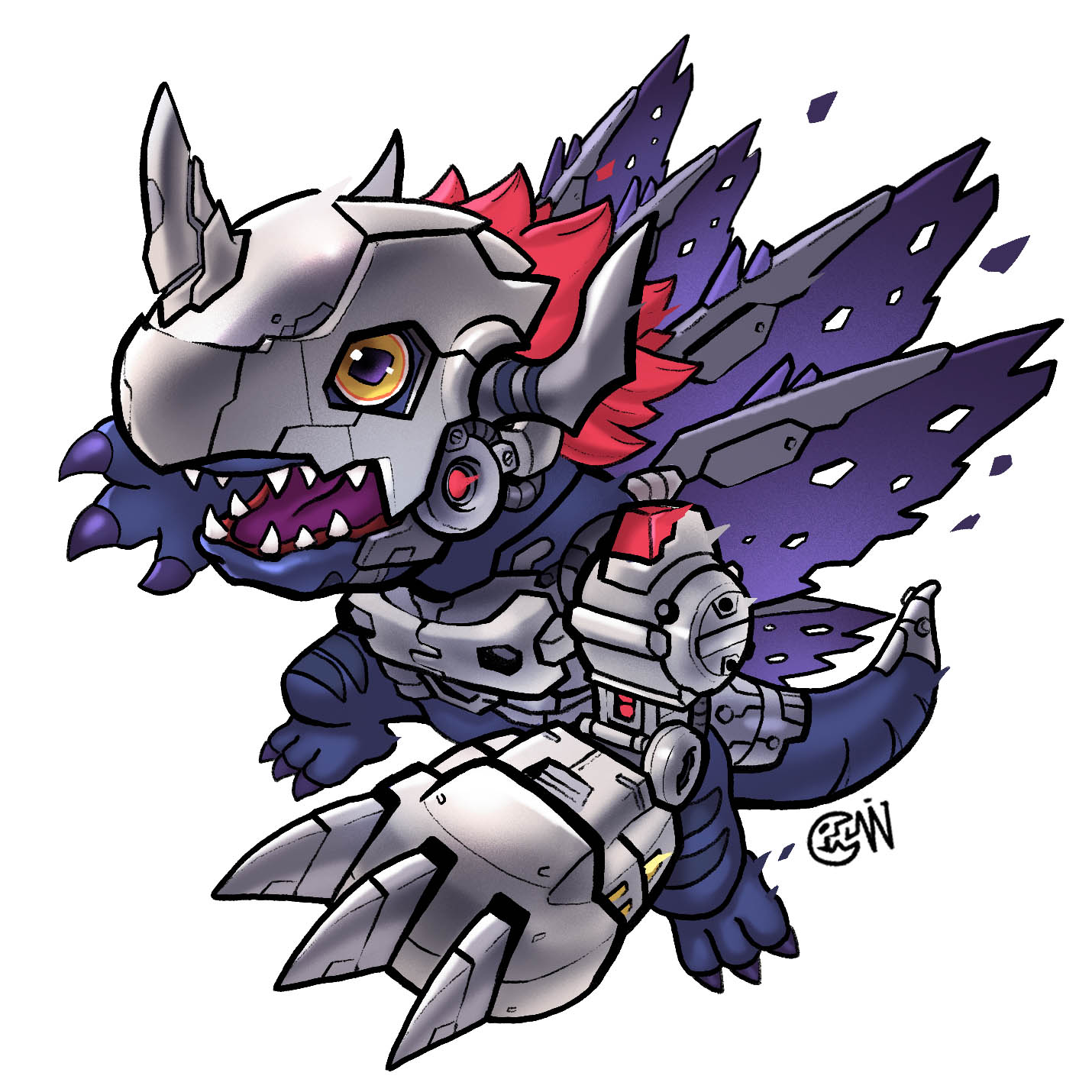 artist_name brown_eyes claws cwdw digimon digimon_(creature) digimon_adventure highres horns metalgreymon no_humans open_mouth red_hair sharp_teeth simple_background teeth torn_wings white_background wings
