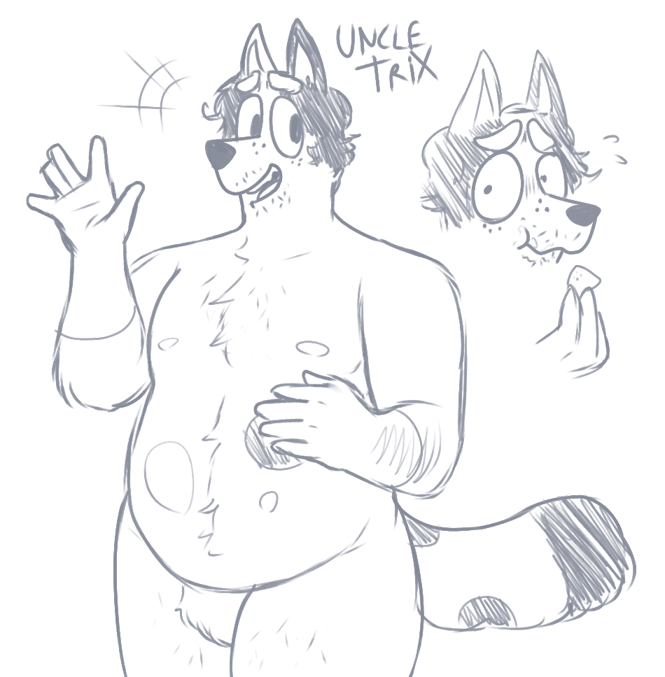 anthro australian_cattle_dog belly blush bodily_fluids body_hair butt canid canine canis cattledog chest_hair chest_tuft chips_(food) crossgender curled_hair digital_media_(artwork) domestic_dog embarrassed english_text facial_hair food freckles fur hair hairy_arms hairy_legs hand_on_stomach happy herding_dog looking_away male mammal mature_male nipples nude open_mouth pastoral_dog pecs pubes raised_tail shy simple_background slightly_chubby slightly_chubby_male smile solo standing sweat tail text thick_thighs tongue trixie_heeler tuft tunk_saray_lovesta