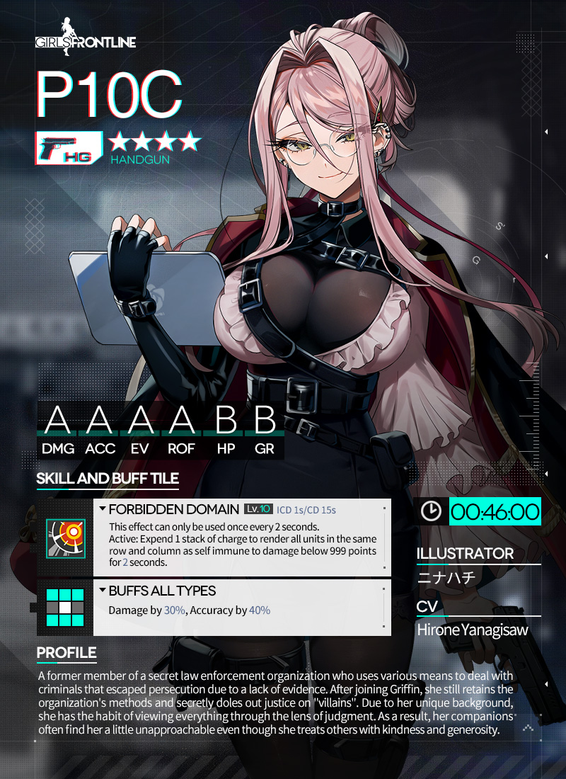 1girl artist_name asymmetrical_shirt belt black_belt black_gloves black_jacket black_pantyhose black_skirt breasts character_profile cleavage closed_mouth commentary cz_p-10_c ear_piercing english_commentary english_text eyelashes fingerless_gloves frilled_sleeves frills girls'_frontline glasses gloves gun hair_up handgun high-waist_skirt holding holding_gun holding_tablet_pc holding_weapon jacket jacket_on_shoulders large_breasts long_hair looking_at_viewer miyukiyo official_art p10c_(girls'_frontline) pantyhose piercing pink_hair pink_shirt promotional_art red_jacket round_eyewear second-party_source shirt sidelocks single_glove single_sleeve skirt smile solo standing star_(symbol) tablet_pc thigh_pouch trigger_discipline two-sided_fabric two-sided_jacket very_long_hair weapon yellow_eyes