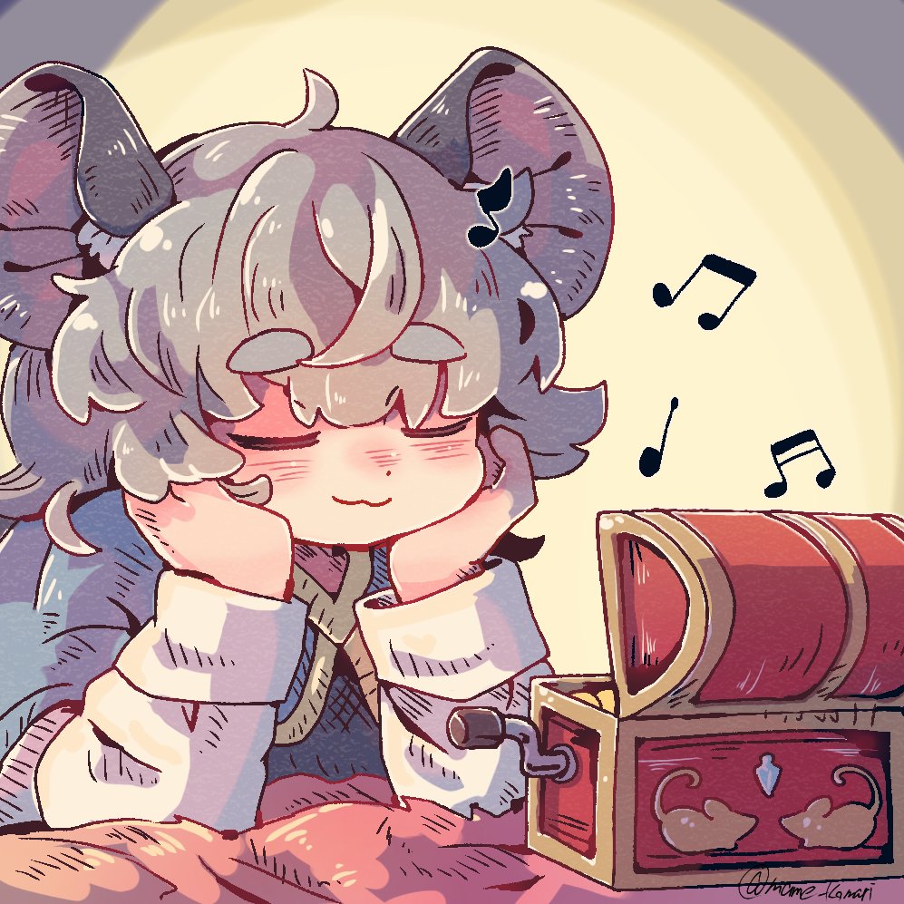 1girl ahoge animal_ear_fluff animal_ears bed blue_capelet capelet closed_eyes closed_mouth commentary_request grey_hair grey_vest hands_on_own_cheeks hands_on_own_face indoors listening_to_music long_sleeves loose_hair_strand mame_komari mouse_ears mouse_girl mouse_print music_box musical_note nazrin shirt smile solo touhou treasure_chest twitter_username upper_body vest white_shirt white_sleeves