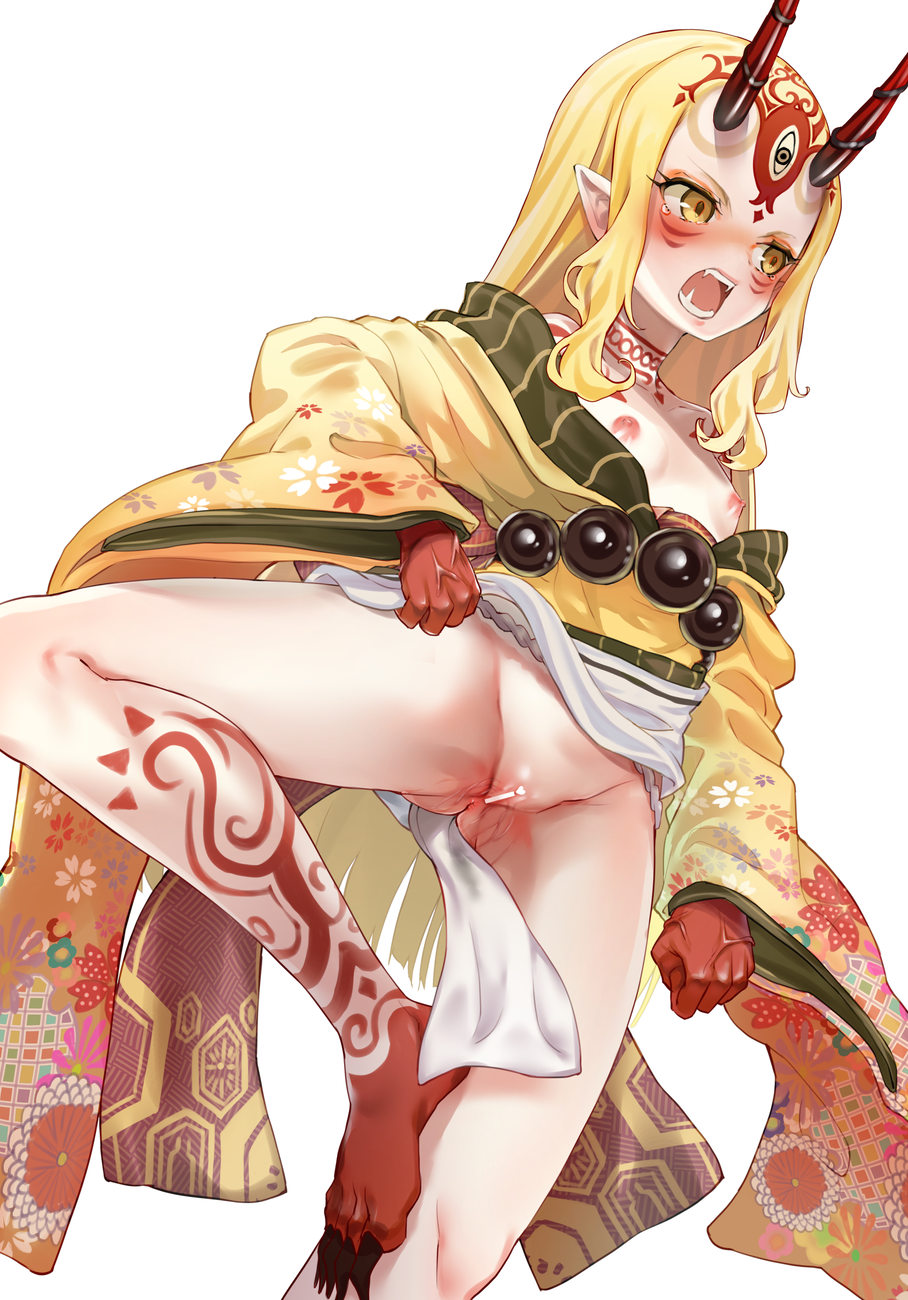 1girl ass_visible_through_thighs barefoot blonde_hair blush boshi_(a-ieba) censored clothes_lift commission cup eyeliner facial_mark fate/grand_order fate_(series) feet fingernails foot_out_of_frame forehead_mark headpiece highres horns ibaraki_douji_(fate) japanese_clothes kimono legs lifted_by_self long_hair looking_at_viewer makeup no_panties oni oni_horns open_mouth pointy_ears pussy sakazuki sharp_fingernails sharp_toenails simple_background skeb_commission skin-covered_horns solo standing standing_on_one_leg tattoo toenails toes variant_set yellow_eyes yellow_kimono