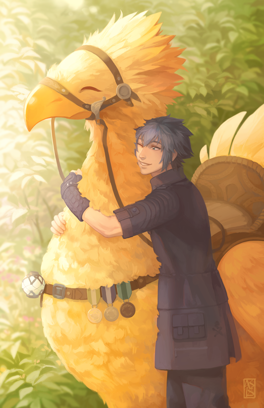 1boy animal_hug black_gloves black_hair black_pants blue_eyes branch chocobo driftwoodwolf final_fantasy final_fantasy_xv fingerless_gloves flask gloves hug male_focus medal noctis_lucis_caelum one_eye_closed pants reins saddle smile teeth