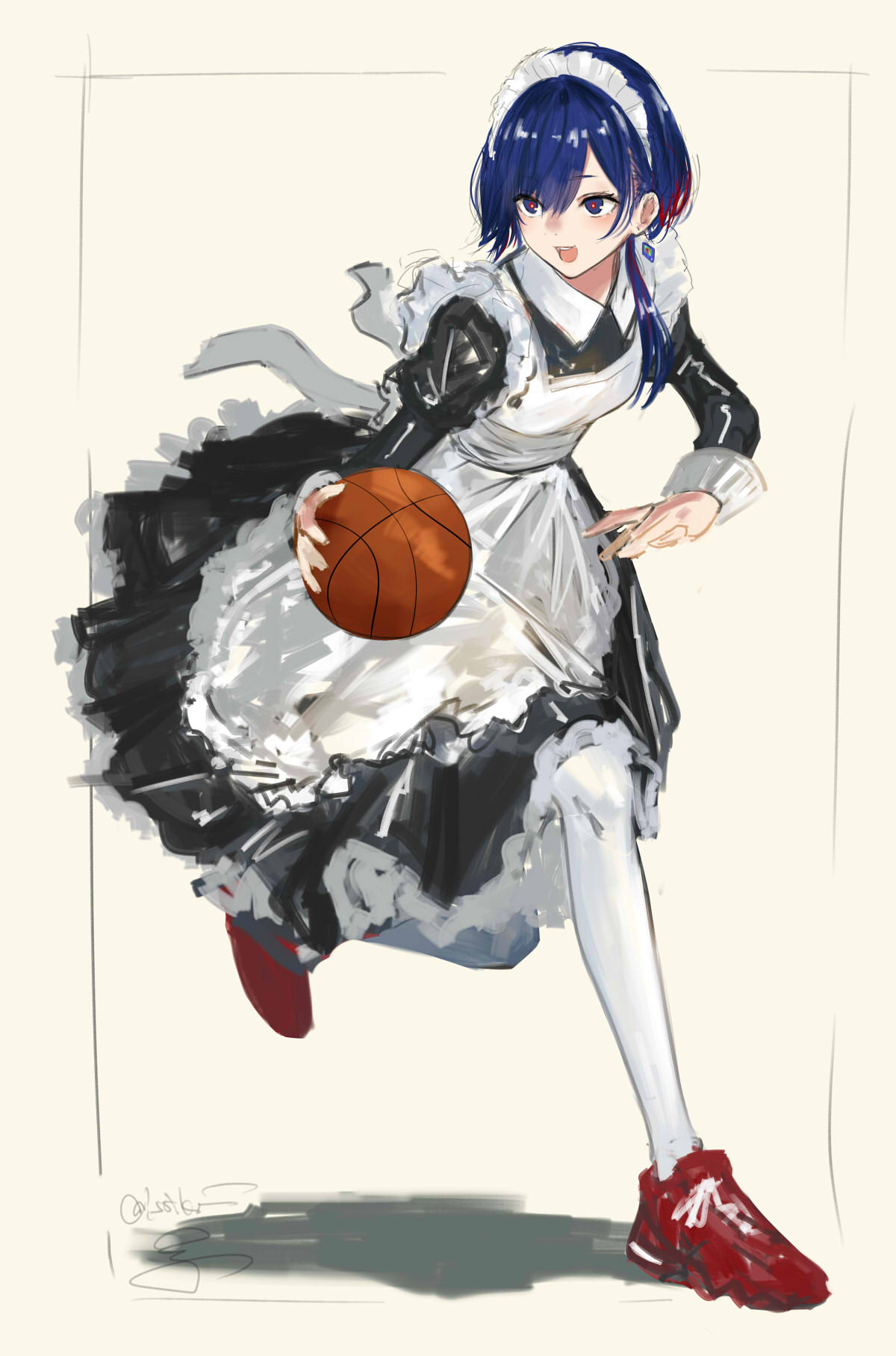 1girl alternate_costume apron ball basketball basketball_(object) black_dress blue_eyes blue_hair brown_background collared_dress commentary diamond_earrings dress earrings enmaided foot_up frilled_dress frills full_body highres holding holding_ball isshiki_(ffmania7) jewelry juliet_sleeves kamitsubaki_studio long_sleeves looking_to_the_side low_ponytail maid maid_apron maid_headdress multicolored_eyes multicolored_hair pantyhose puffy_sleeves red_eyes red_footwear red_hair rim_(kamitsubaki_studio) running shadow shoes signature sleeve_cuffs smile sneakers solo streaked_hair symbol-only_commentary twitter_username virtual_youtuber white_pantyhose yellow_pupils