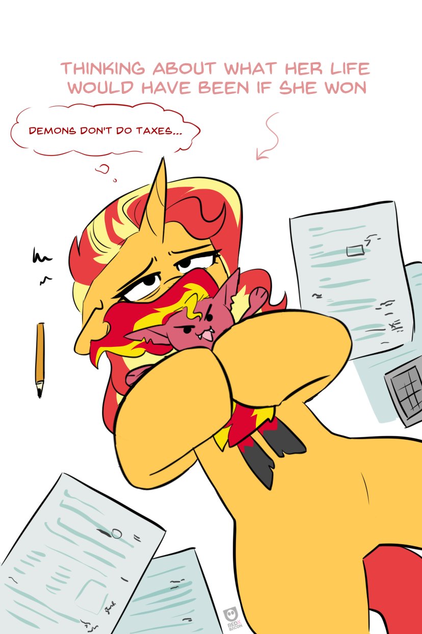 blonde_hair bored demon english_text equestria_girls equid equine fangs fur hair hasbro hi_res horn mammal multicolored_hair my_little_pony paper pencil_(object) plushie red_hair redxbacon sunset_shimmer_(eg) taxes teeth text thought_bubble two_tone_hair unicorn yellow_body yellow_fur