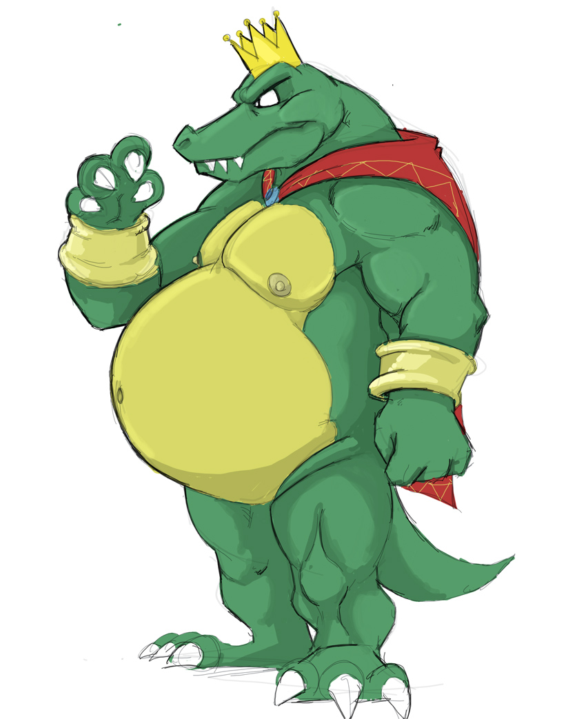 2013 anthro belly big_belly canson cape chubby_anthro chubby_male claws clothing crocodilian crown cuff_(restraint) donkey_kong_(series) fangs fist headgear king_k._rool kremling male mostly_nude mouth_closed navel nintendo nipples overweight overweight_anthro overweight_male reptile restraints scales scalie shackles side_view slightly_chubby solo standing teeth toe_claws