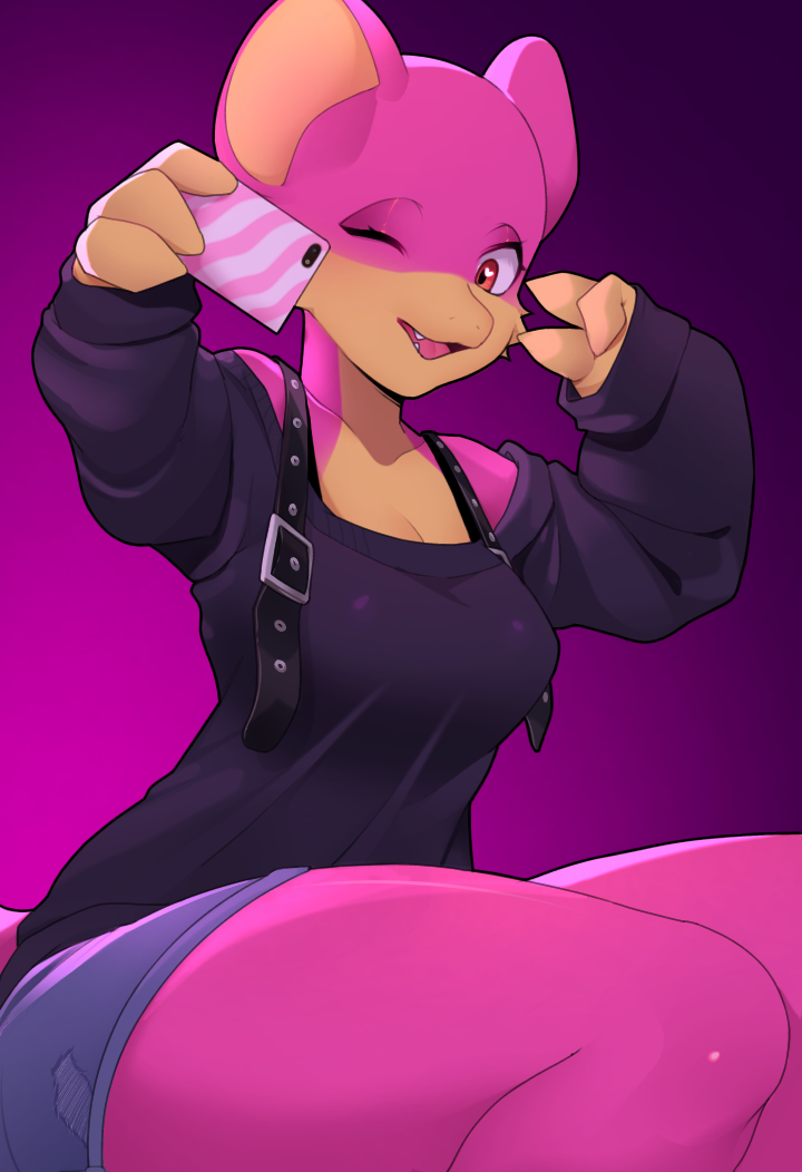 &lt;3 &lt;3_eyes anthro belt fan_character fangs female generation_1_pokemon mammal murid murine nintendo pokemon pokemon_(species) rat rattata rodent selfie solo teeth unknown_artist