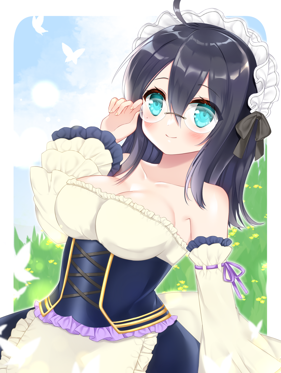 1girl adjusting_eyewear ahoge animal apron black_hair black_skirt blue_eyes blue_sky blush breasts bug butterfly cleavage closed_mouth commission day detached_sleeves frilled_apron frills glasses hand_up highres large_breasts long_hair looking_at_viewer mole mole_under_eye original ribbon-trimmed_sleeves ribbon_trim shikito shirt skeb_commission skirt sky smile solo waist_apron white_apron white_shirt white_sleeves