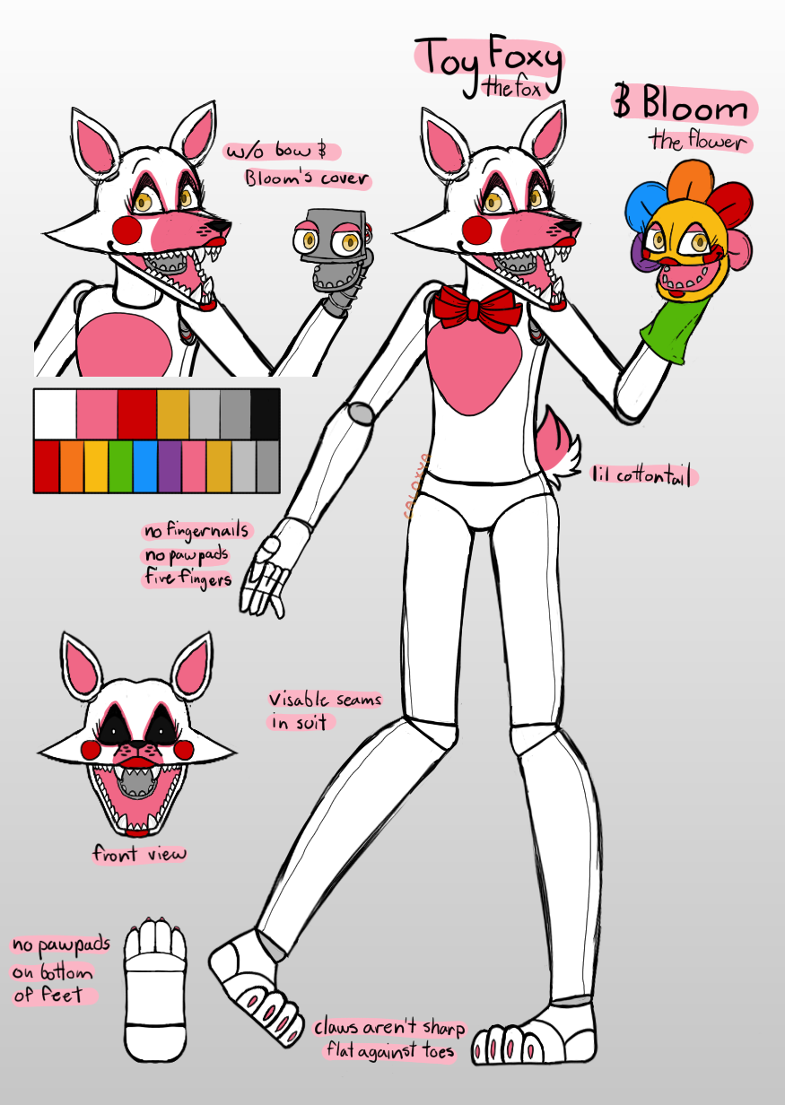 animatronic anthro bow_tie caloxya canid canine duo exposed_endoskeleton five_nights_at_freddy's five_nights_at_freddy's_2 fox hand_puppet hi_res intersex looking_at_viewer machine mammal mangle_(fnaf) markings model_sheet open_mouth pink_markings puppet redesign robot scottgames short_tail tail white_body yellow_eyes