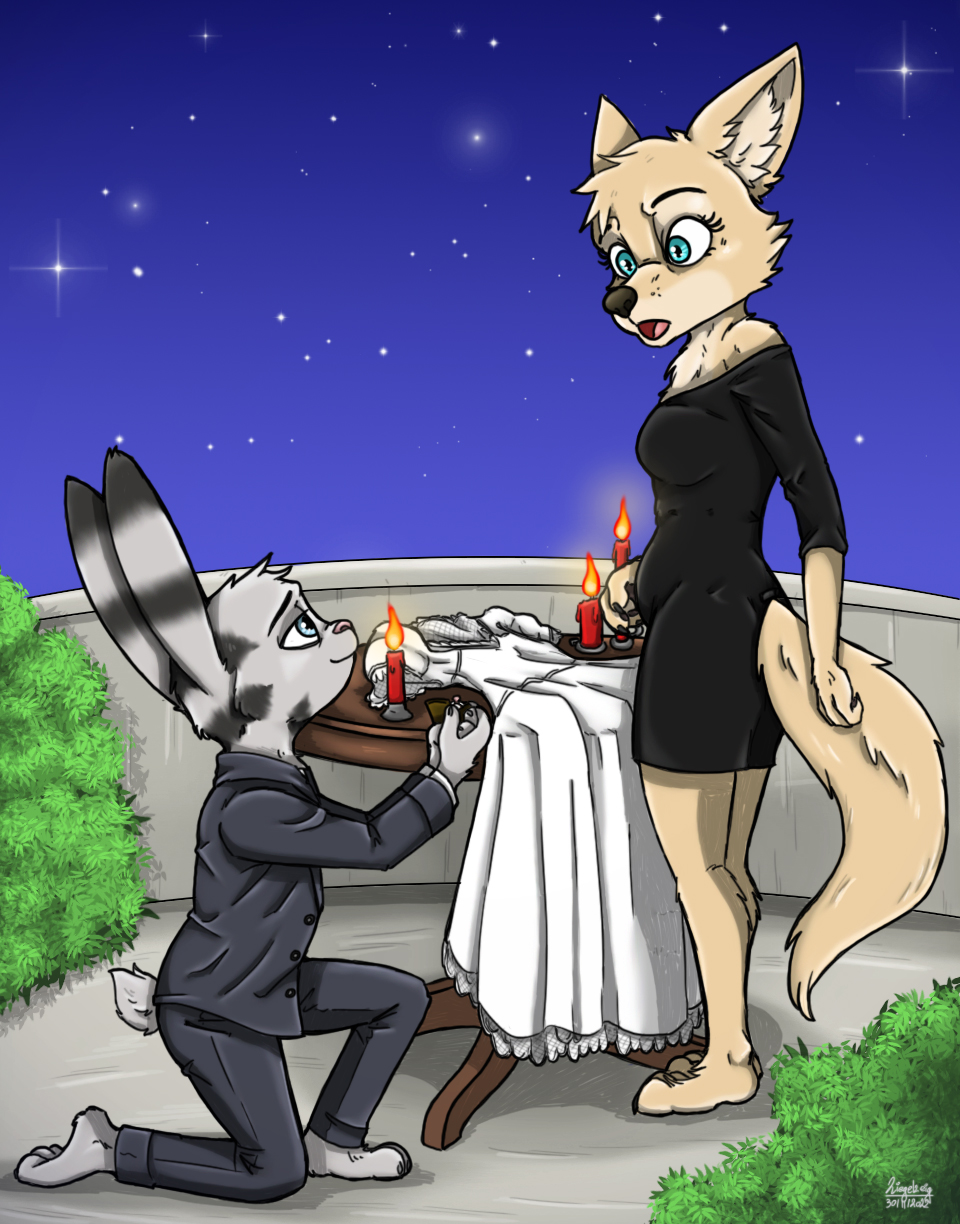 anthro blue_eyes candle canid canine clothing digit_ring disney dress duo female fox fur grey_body grey_fur hi_res jack_savage jewelry lagomorph leporid male mammal night pregnant proposal rabbit ring skye_(zootopia) smoking star tan_body tan_fur wedding_dress wedding_ring ziegelzeig zootopia