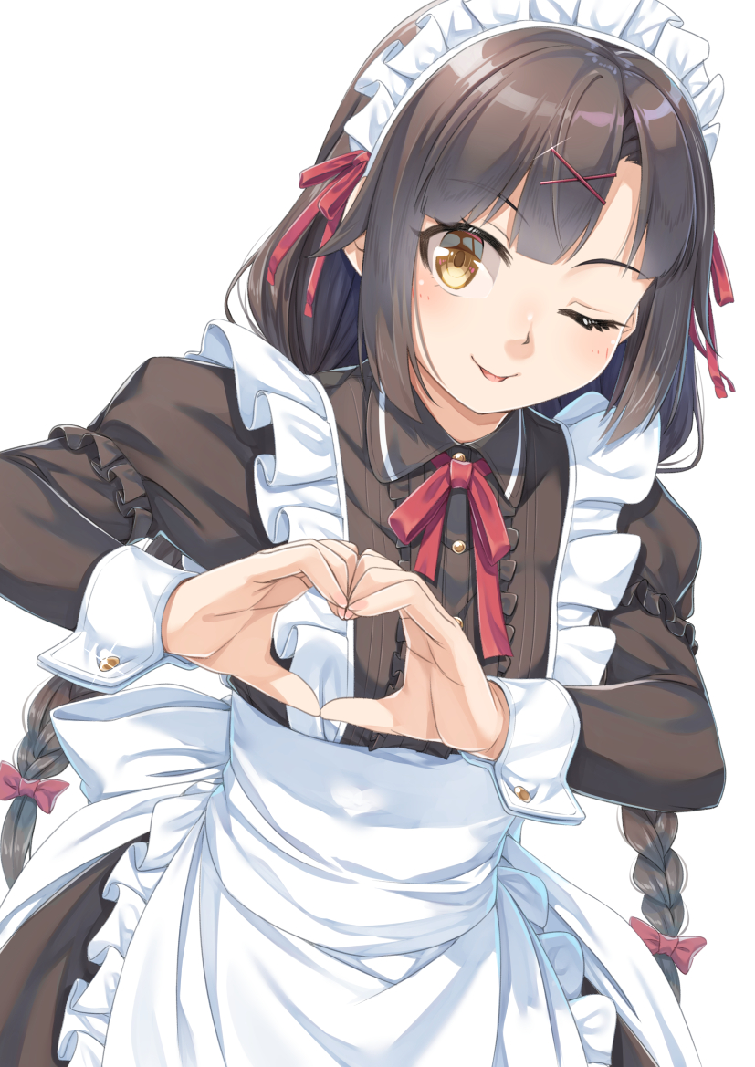 1girl ;p apron black_dress black_hair bow braid brown_eyes center_frills closed_mouth collared_dress dress frilled_apron frills hair_bow heart heart_hands layered_sleeves long_hair long_sleeves low_twintails maid_headdress miri_(ago550421) one_eye_closed original puffy_short_sleeves puffy_sleeves red_bow short_over_long_sleeves short_sleeves simple_background smile solo tongue tongue_out twin_braids twintails very_long_hair white_apron white_background