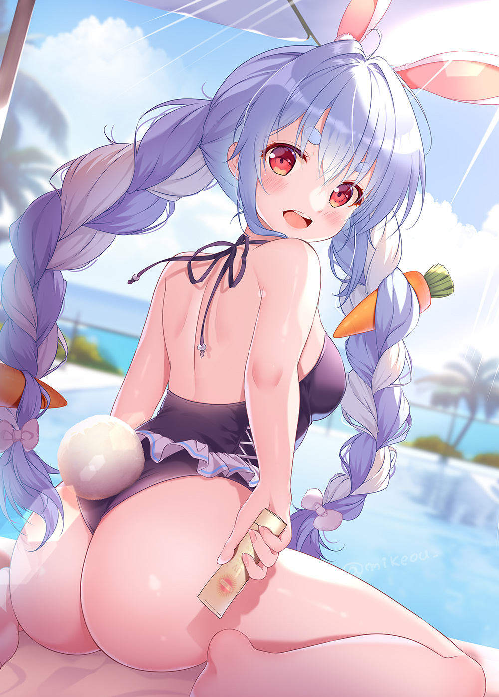 1girl animal_ear_fluff animal_ears ass backless_swimsuit bare_arms bare_legs bare_shoulders barefoot blue_hair blue_one-piece_swimsuit blue_sky blurry blurry_background blush bow braid breasts carrot carrot_hair_ornament casual_one-piece_swimsuit cloud cloudy_sky commentary_request day extra_ears food-themed_hair_ornament frilled_one-piece_swimsuit frills from_behind hair_bow hair_ornament halterneck highres holding hololive long_hair looking_at_viewer looking_back lotion median_furrow medium_breasts mikeou multicolored_hair one-piece_swimsuit open_mouth orange_eyes outdoors palm_tree poolside rabbit_ears rabbit_girl rabbit_tail short_eyebrows sidelocks sitting sky smile solo sunlight sunscreen swimsuit tail teeth thick_eyebrows tree twin_braids two-tone_hair upper_teeth_only usada_pekora very_long_hair virtual_youtuber wariza water white_bow white_hair
