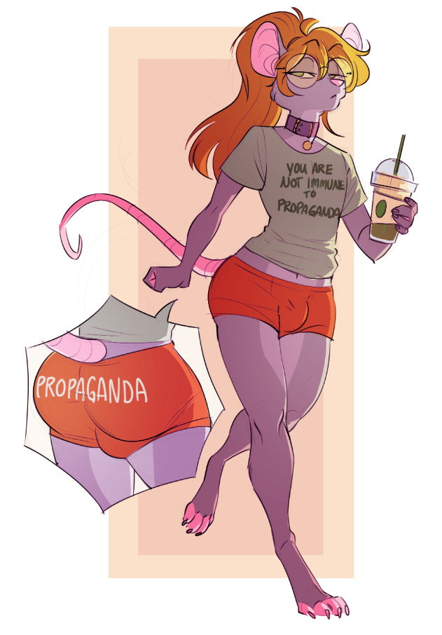 anthro beverage bottomwear bulge clothing collar eyewear fur girly glasses green_eyes hair jamie_knox_(jamiekaboom) male mammal mouse murid murine politics purple_body purple_fur red_hair rodent shirt shorts simple_background smoothie t-shirt text thatmuttmarie topwear