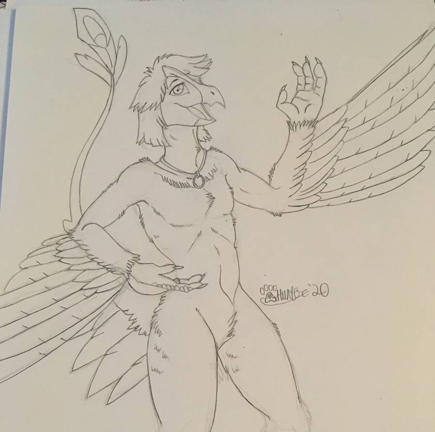 2020 anthro avian beak claws crotch_tuft fan_character feathers featureless_crotch hair jewelry looking_at_viewer male marcushunter necklace necklace_only nude open_mouth raised_tail signature smile smiling_at_viewer solo standing tail tail_feathers tuft wings