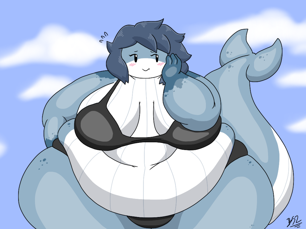 2018 3_fingers 4:3 anthro batspid2 belly big_belly big_breasts bikini biped black_clothing black_eyebrows black_eyelashes black_eyes black_swimwear blue_body blue_hair blue_skin blush blush_lines breasts cel_shading cetacean cleavage clothed clothing cloudscape digital_drawing_(artwork) digital_media_(artwork) embarrassed eyebrows female fingers front_view glistening gloves_(marking) hair hand_behind_back hand_on_face hawt_(x_no_na_x) looking_aside love_handles mammal marine markings midriff multicolored_body multicolored_skin obese obese_anthro obese_female overweight overweight_anthro overweight_female portrait shaded short_hair signature sky smile solo spots spotted_markings swimwear tail thick_thighs three-quarter_portrait white_body white_skin wide_hips