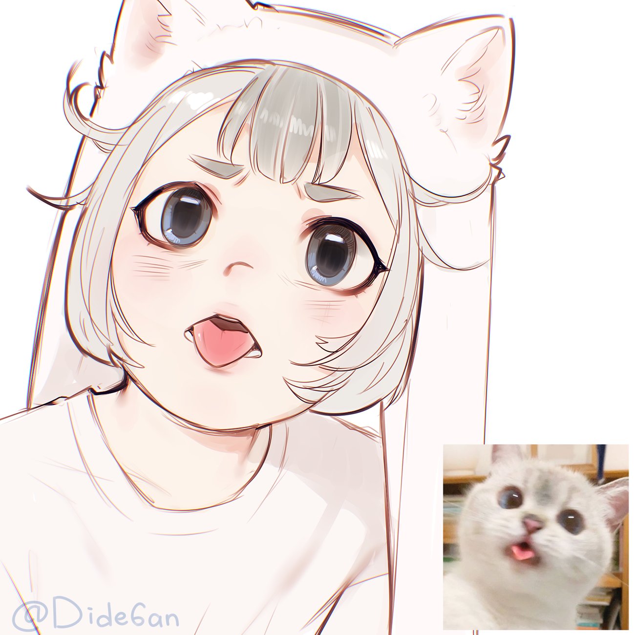 1other :p androgynous cat dide6an grey_eyes grey_hair highres humanization kitten looking_at_viewer medium_hair meme original photo-referenced sketch tongue tongue_out